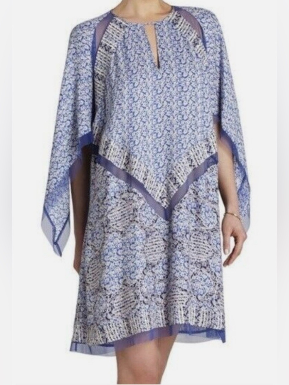 BCBGMAXAZRIA Cobalt Blue Printed Draped Sleeve Dress Size S